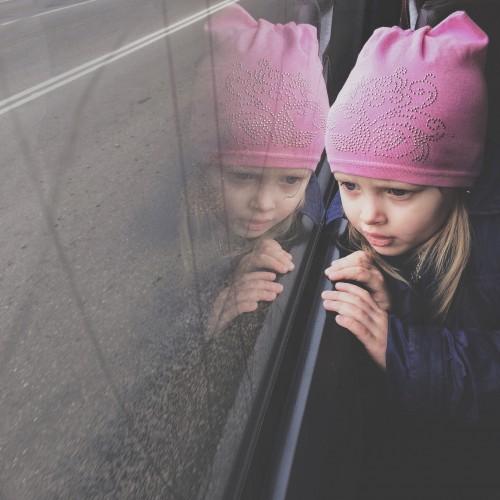 baby pink road people window bus trip looking reflections thinking girl cute kid