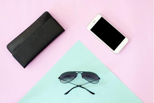 background sunglasses wallet smartphone pink blue